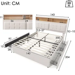 Lit avec rangement 140 x 200 cm - Lit avec 4 tiroirs, tête de lit avec prise USB-C - Lin + Bois massif - Sans Matelas - Beige