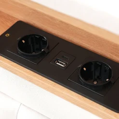 Lit avec rangement 140 x 200 cm - Lit avec 4 tiroirs, tête de lit avec prise USB-C - Lin + Bois massif - Sans Matelas - Beige