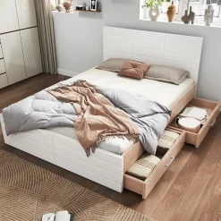Lit avec rangement 160 x 200 cm - Lit Double avec 2 Tiroirs - Bois MDF - Sans Matelas - Blanc Chêne