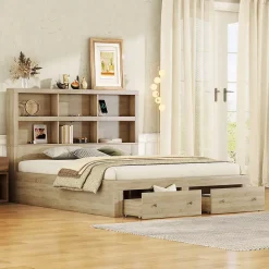 Lit avec rangement 160 x 200 cm Lit double avec 2 tiroirs et tête de lit fonctionnelle - Sans matelas - Naturel