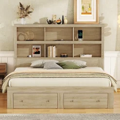 Lit avec rangement 160 x 200 cm Lit double avec 2 tiroirs et tête de lit fonctionnelle - Sans matelas - Naturel