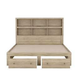 Lit avec rangement 160 x 200 cm Lit double avec 2 tiroirs et tête de lit fonctionnelle - Sans matelas - Naturel