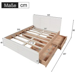 Lit avec rangement 140 x 200 cm - Lit Double avec 2 Tiroirs - Bois MDF - Sans Matelas - Blanc