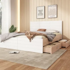 Lit avec rangement 140 x 200 cm - Lit Double avec 2 Tiroirs - Bois MDF - Sans Matelas - Blanc