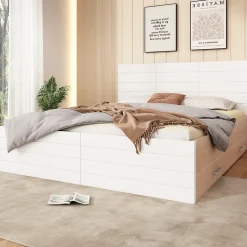 Lit avec rangement 140 x 200 cm - Lit Double avec 2 Tiroirs - Bois MDF - Sans Matelas - Blanc