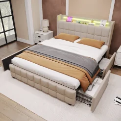 Lit avec rangement 160 x 200 cm - Lit Double avec Ports USB et LED - Lin Bois Métal - Sans Matelas - Beige