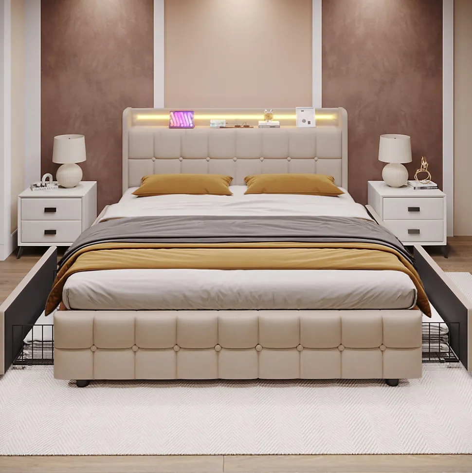 Lit avec rangement 160 x 200 cm - Lit Double avec Ports USB et LED - Lin Bois Métal - Sans Matelas - Beige