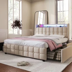 Lit avec rangement 160 x 200 cm - Lit Double avec Ports USB et LED - Lin Bois Métal - Sans Matelas - Beige