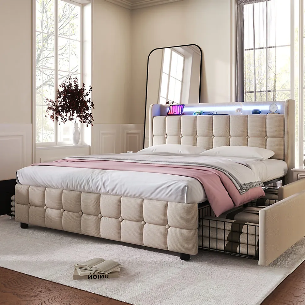 Lit avec rangement 160 x 200 cm - Lit Double avec Ports USB et LED - Lin Bois Métal - Sans Matelas - Beige