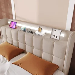 Lit avec rangement 160 x 200 cm - Lit Double avec Ports USB et LED - Lin Bois Métal - Sans Matelas - Beige