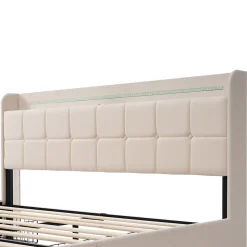 Lit avec rangement 160 x 200 cm - Lit Double avec Ports USB et LED - Lin Bois Métal - Sans Matelas - Beige