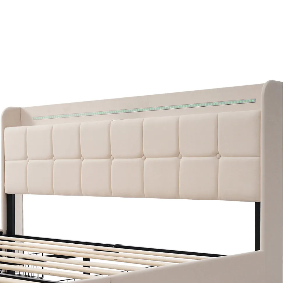 Lit avec rangement 160 x 200 cm - Lit Double avec Ports USB et LED - Lin Bois Métal - Sans Matelas - Beige