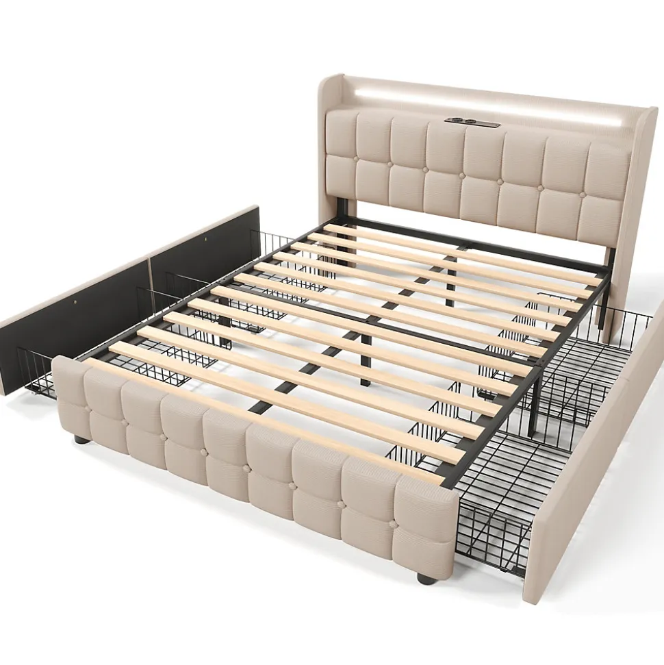 Lit avec rangement 160 x 200 cm - Lit Double avec Ports USB et LED - Lin Bois Métal - Sans Matelas - Beige