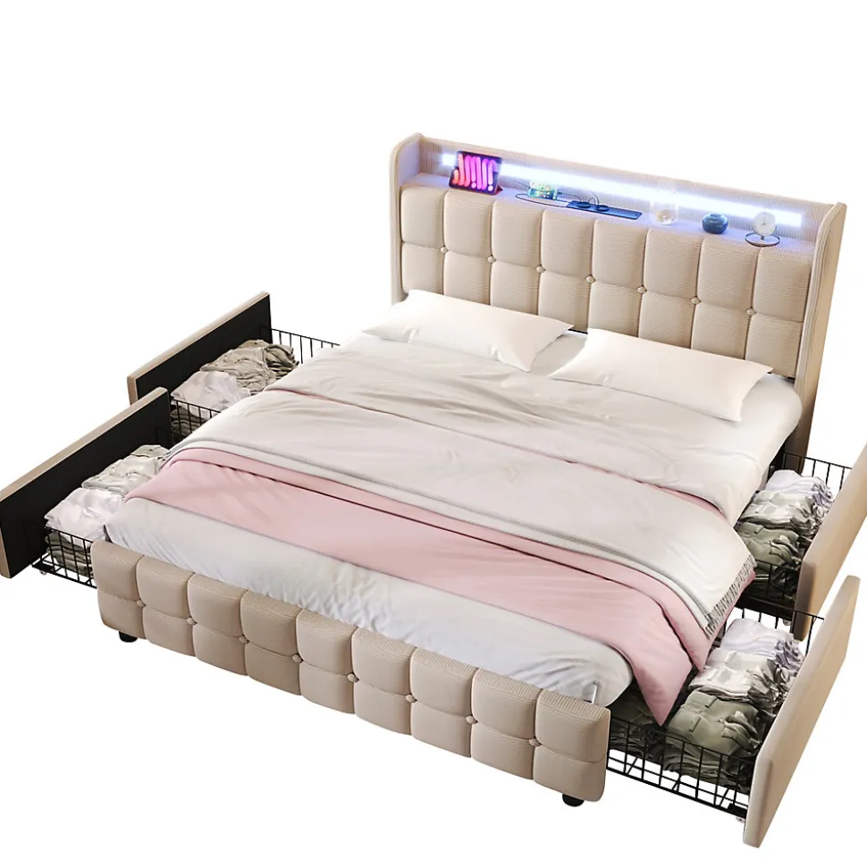 Lit avec rangement 160 x 200 cm - Lit Double avec Ports USB et LED - Lin Bois Métal - Sans Matelas - Beige