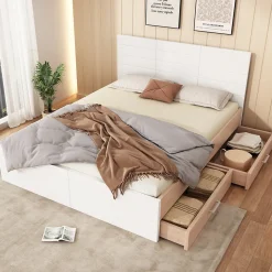 Lit avec rangement 180 x 200 cm - Lit Double avec 2 Tiroirs - Bois MDF - Sans Matelas - Blanc Chêne