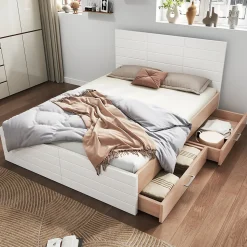Lit avec rangement 180 x 200 cm - Lit Double avec 2 Tiroirs - Bois MDF - Sans Matelas - Blanc Chêne