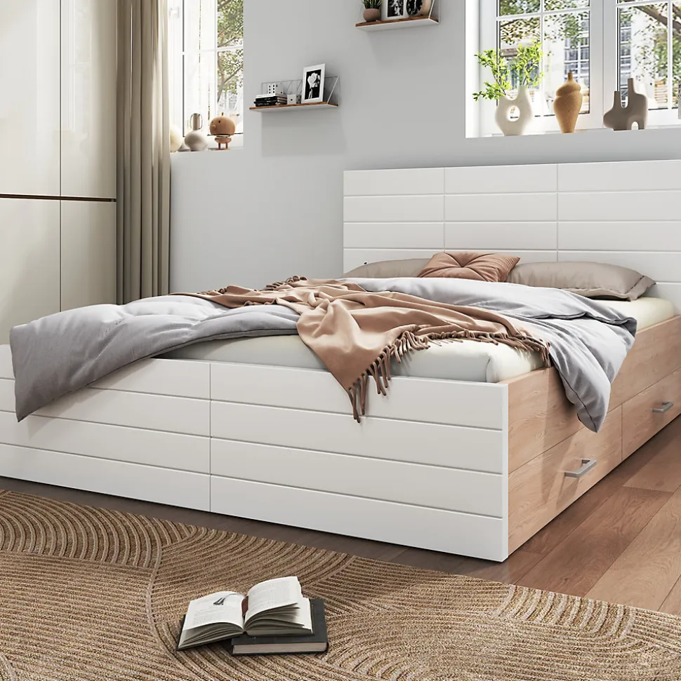 Lit avec rangement 180 x 200 cm - Lit Double avec 2 Tiroirs - Bois MDF - Sans Matelas - Blanc Chêne