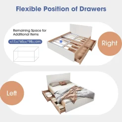 Lit avec rangement 180 x 200 cm - Lit Double avec 2 Tiroirs - Bois MDF - Sans Matelas - Blanc Chêne