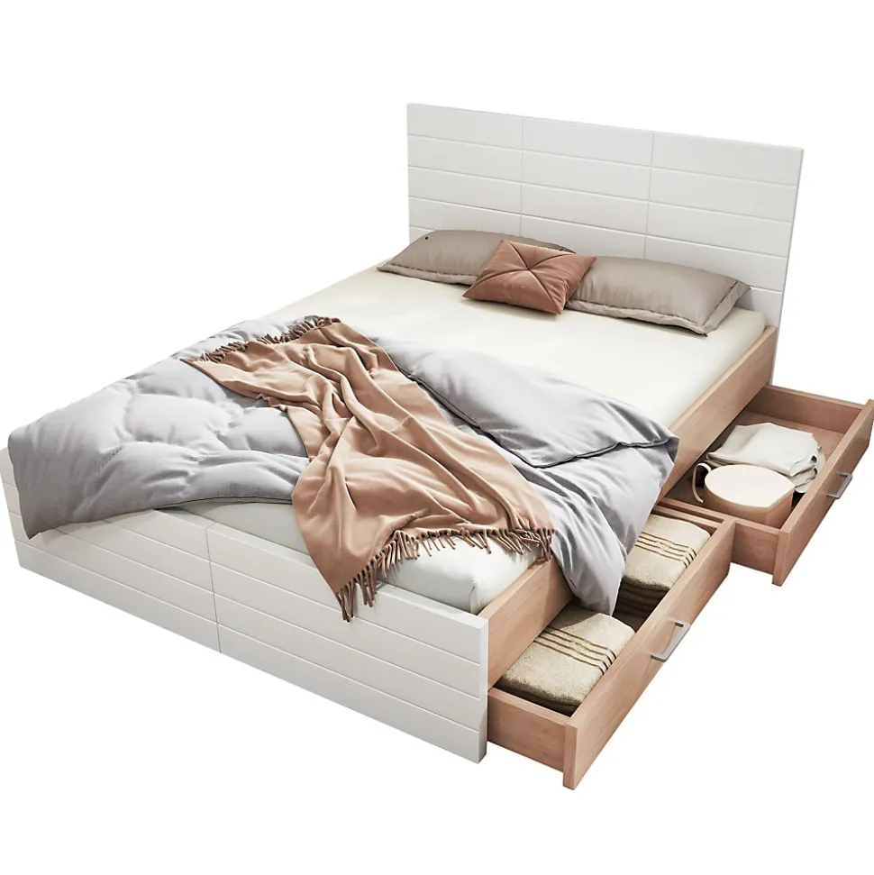 Lit avec rangement 180 x 200 cm - Lit Double avec 2 Tiroirs - Bois MDF - Sans Matelas - Blanc Chêne