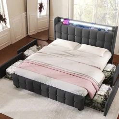 Lit avec rangement 140 x 200 cm - Lit Double avec 4 Tiroirs et LED - Lin Bois Métal - Sans Matelas - Gris
