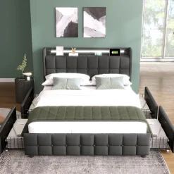 Lit avec rangement 140 x 200 cm - Lit Double avec 4 Tiroirs et LED - Lin Bois Métal - Sans Matelas - Gris