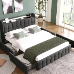 Lit avec rangement 140 x 200 cm - Lit Double avec 4 Tiroirs et LED - Lin Bois Métal - Sans Matelas - Gris