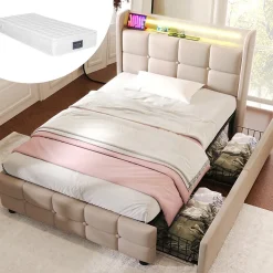 Lit avec rangement 90 x 200 cm - Lit Simple avec Ports USB et Matelas - Lin Bois Métal - avec Matelas - Beige