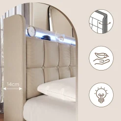 Lit avec rangement 90 x 200 cm - Lit Simple avec Ports USB et Matelas - Lin Bois Métal - avec Matelas - Beige