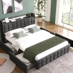 Lit avec rangement 160 x 200 cm - Lit Double avec Ports USB et LED - Lin Bois Métal - Sans Matelas - Gris