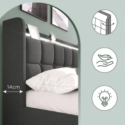 Lit avec rangement 180 x 200 cm - Lit Double avec Ports USB et LED - Lin Bois Métal - Sans Matelas - Gris