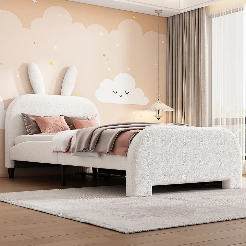 Lit avec rangement 90 x 200 cm - Lit Simple avec 2 Tiroirs - Peluche + MDF - Sans Matelas - Blanc