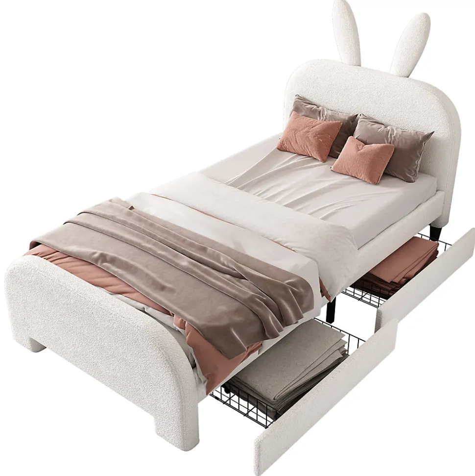 Lit avec rangement 90 x 200 cm - Lit Simple avec 2 Tiroirs - Peluche + MDF - Sans Matelas - Blanc