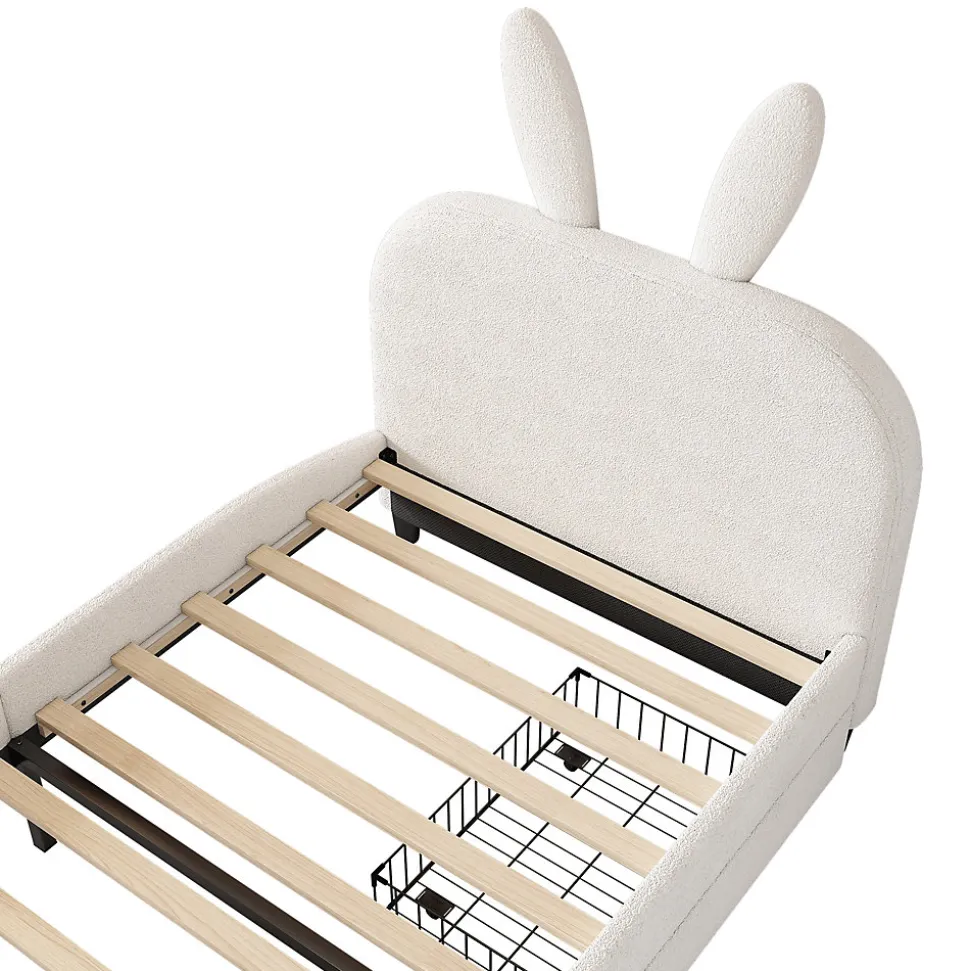 Lit avec rangement 90 x 200 cm - Lit Simple avec 2 Tiroirs - Peluche + MDF - Sans Matelas - Blanc