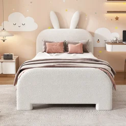 Lit avec rangement 90 x 200 cm - Lit Simple avec 2 Tiroirs - Peluche + MDF - Sans Matelas - Blanc
