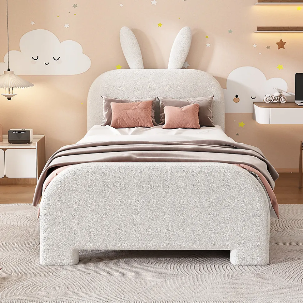 Lit avec rangement 90 x 200 cm - Lit Simple avec 2 Tiroirs - Peluche + MDF - Sans Matelas - Blanc