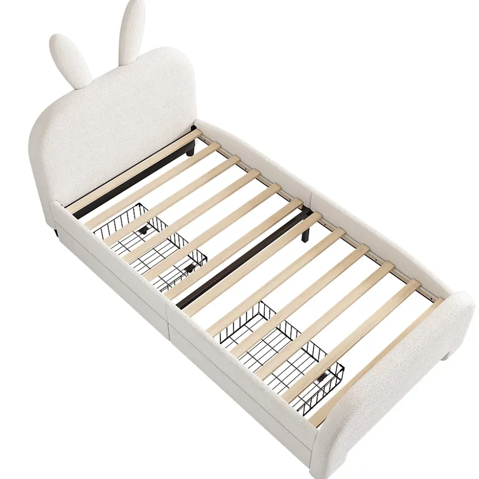 Lit avec rangement 90 x 200 cm - Lit Simple avec 2 Tiroirs - Peluche + MDF - Sans Matelas - Blanc