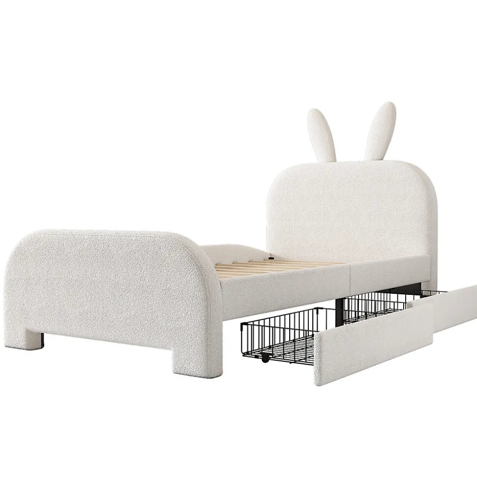 Lit avec rangement 90 x 200 cm - Lit Simple avec 2 Tiroirs - Peluche + MDF - Sans Matelas - Blanc