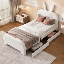 Lit avec rangement 90 x 200 cm - Lit Simple avec 2 Tiroirs - Peluche + MDF - Sans Matelas - Blanc