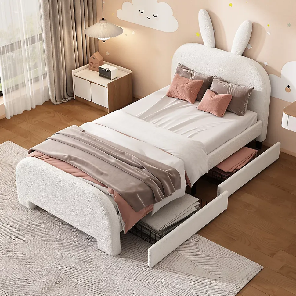 Lit avec rangement 90 x 200 cm - Lit Simple avec 2 Tiroirs - Peluche + MDF - Sans Matelas - Blanc