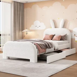 Lit avec rangement 90 x 200 cm - Lit Simple avec 2 Tiroirs - Peluche + MDF - Sans Matelas - Blanc
