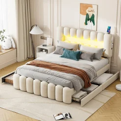 Lit avec Rangement 160 x 200 cm - Lit Capitonné avec 4 Tiroirs, LED et USB - Velours + MDF - Sans Matelas - Beige