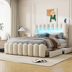 Lit avec Rangement 160 x 200 cm - Lit Capitonné avec 4 Tiroirs, LED et USB - Velours + MDF - Sans Matelas - Beige