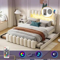 Lit avec Rangement 160 x 200 cm - Lit Capitonné avec 4 Tiroirs, LED et USB - Velours + MDF - Sans Matelas - Beige