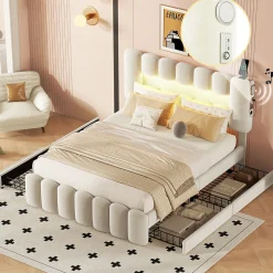 Lit avec Rangement 140 x 200 cm - Lit Capitonné Beige avec 4 Tiroirs et LED - Velours + MDF - Sans Matelas
