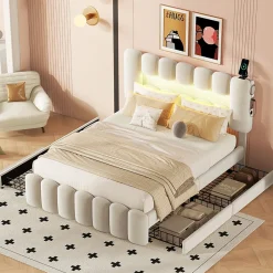 Lit avec Rangement 140 x 200 cm - Lit Capitonné Beige avec 4 Tiroirs et LED - Velours + MDF - Sans Matelas