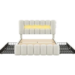 Lit avec Rangement 140 x 200 cm - Lit Capitonné Beige avec 4 Tiroirs et LED - Velours + MDF - Sans Matelas