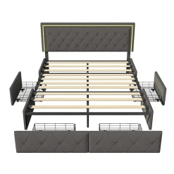 Lit avec Rangement avec éclairage LED, PU Cuir 4 Tiroirs Lit Capitonné avec sommier Gris, 140X200CM