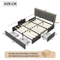 Lit avec Rangement avec éclairage LED, PU Cuir 4 Tiroirs Lit Capitonné avec sommier Gris, 140X200CM