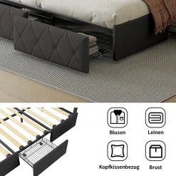 Lit avec Rangement avec éclairage LED, PU Cuir 4 Tiroirs Lit Capitonné avec sommier Gris, 140X200CM