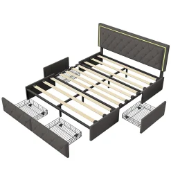 Lit avec Rangement avec éclairage LED, PU Cuir 4 Tiroirs Lit Capitonné avec sommier Gris, 140X200CM